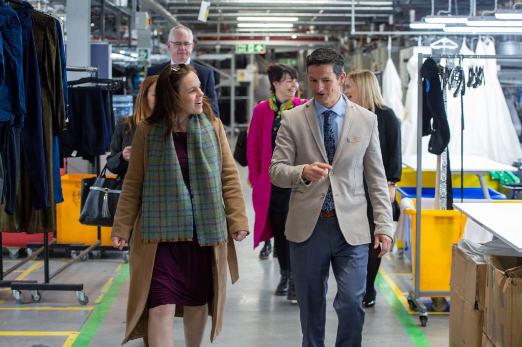 Apprentices Fashion a Sustainable Future: Cabinet Secretary Kate Forbes visits ACS. Pictures during her tour of the Circular Fashion Hub with COO Anthony Burns